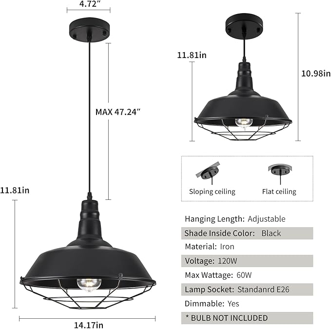 Black Pendant Light, Modern Large Pendant Light 14.1" 3 Packs, Kitchen Pendant Lights, Farmhouse Pendant Lights Kitchen Island for Kitchen, Living Room, Bedroom