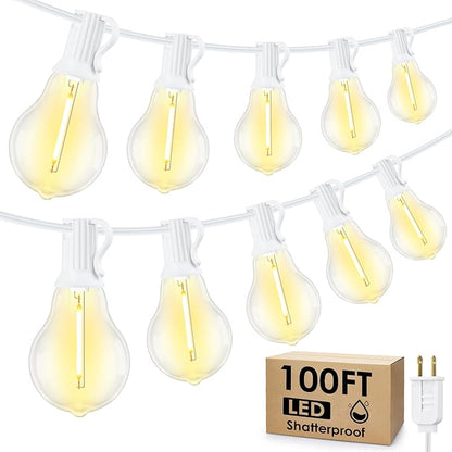 Larkvue 100FT Outdoor String Lights, LED Patio Lights with 32 Waterproof Shatterproof Dimmable A39 Hanging Bulbs(2 Spare) for Garden Wedding-White