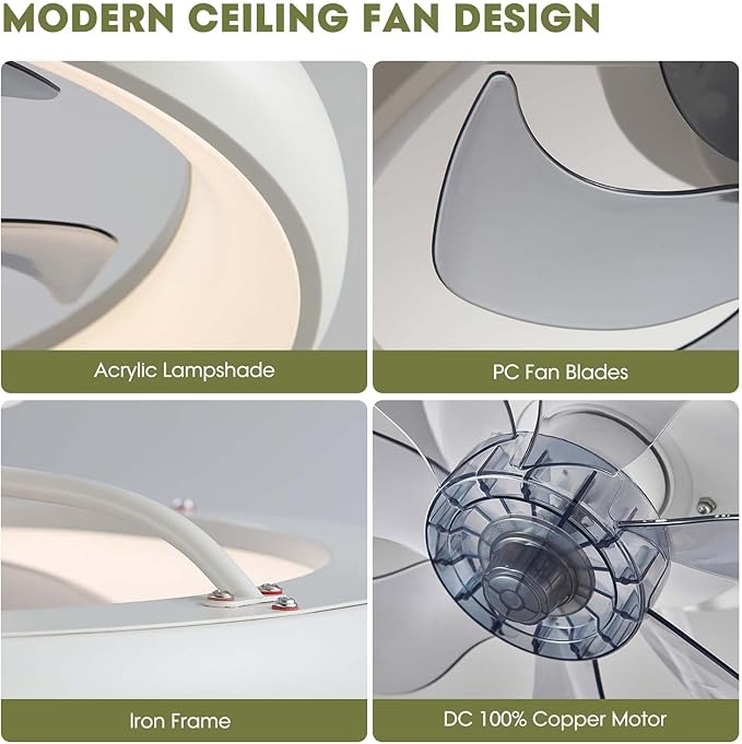 LUDOMIDE 20" Modern White Flush Mount Ceiling Fan with Lights, 6 Wind Speeds, LED, Voice Control, Bedroom, Living Room, Kitchen