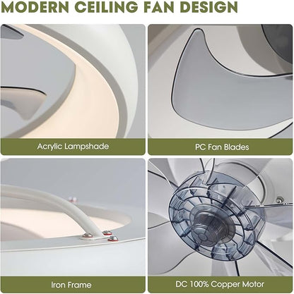LUDOMIDE 20" Modern White Flush Mount Ceiling Fan with Lights, 6 Wind Speeds, LED, Voice Control, Bedroom, Living Room, Kitchen