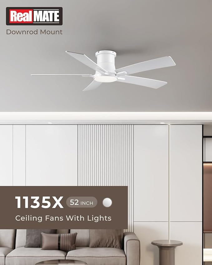 52 Inch Ceiling Fans with Lights and Remote, White Low Profile Ceiling Fan, Flush Mount Style with 5 Blades, For Indoor Bedroom Living Room/Outdoor, 6 Speed Reversible DC Motor, 3CCT Dimmable LED