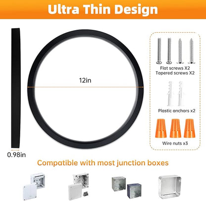12 Inch 6Pack Super Slim Flush Mount Ceiling Light Fixture,24W 3200LM Dimmable 5CCT Selectable 2700K-5000K Round Light Fixture for Living/Bedroom,Kitchen/Bathroom,Porch &All Indoor Spaces Black