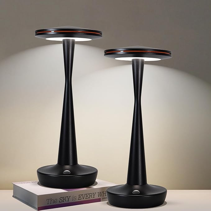 LED Cordless Table Lamps Rechargeable - Outdoor Battery Operated Portable Table Light 3 Color Stepless Dimming Tables Lamp with Memory Function, IP54 Waterproof for Patio Restaurant Dining (2 Black)