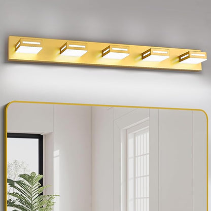 LED Modern Bathroom Light Fixtures, 5-Light 40-Inch Gold Vanity Lights for Bathroom Lighting Fixtures Over Mirror, 6000K Cool White 350° Rotatable Wall Lamp