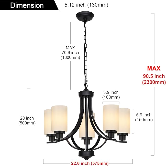 MELUCEE 5 Lights Chandeliers for Dining Room Traditional Chandelier Classic Black Pendant Light with Milky White Glass Shade, Mid Century Modern Chandelier for Kitchen Foyer Bedroom
