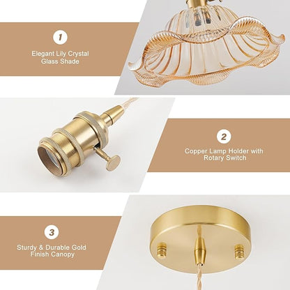 Vintage Pendant Lights Kitchen Island 2 Pack, Adjustable Pendant Light Fixtures with Amber Lily Glass Lampshade, Gold Kitchen Pendant Lighting Over Island, Pendant Light for Dining Room Hallway