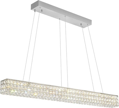 ykolupty W48 Modern Rectangular Crystal Chandeliers Dining Room Chandelier,Silver Pendant Light Fixture with Remote Control for Living Room Kitchen Island