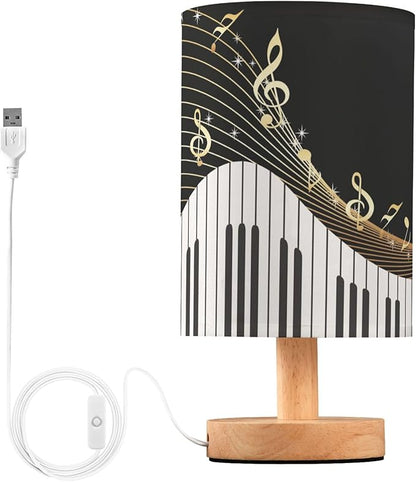 Gold Music Note with Piano Key Musical Instrument on Black Table Lamp with Wood Base Fabric Lamp Shade Bedside Nightstand Desk Lamp for Living Room Bedroom Kids Room Office