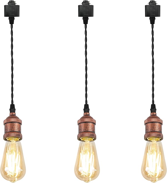 Kiven H-Type Track Lighting Pendants,Industrial h Track Pendant Lights with 24 Inch Cord Length Black Weave Rope,3 Pack Track Lighting Fixture,Vintage Red Finish