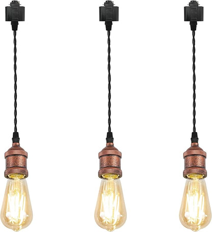 Kiven H-Type Track Lighting Pendants,Industrial h Track Pendant Lights with 24 Inch Cord Length Black Weave Rope,3 Pack Track Lighting Fixture,Vintage Red Finish