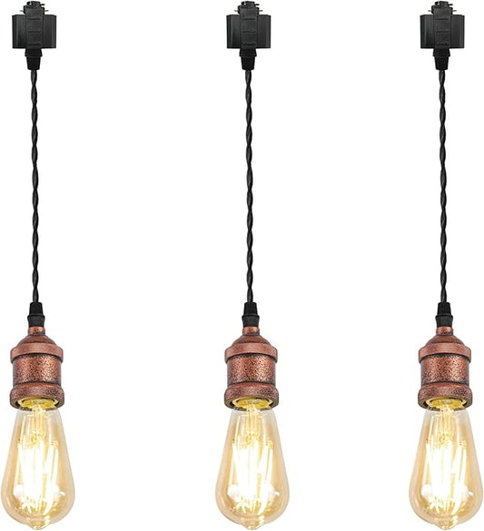 Kiven H-Type Track Lighting Pendants,Industrial h Track Pendant Lights with 24 Inch Cord Length Black Weave Rope,3 Pack Track Lighting Fixture,Vintage Red Finish