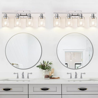 Indoi 4 Light Bathroom Light Fixtures, Chrome Vanity Lights with Clear Glass Shades, Modern Bathroom Light Fixtures Over Mirror, Modern Bathroom Wall Lamp for Mirror Living Room Cabinet
