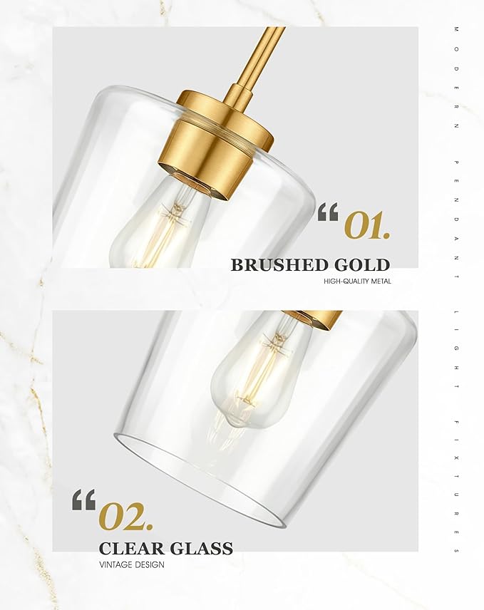 Pendant Lights Kitchen Island, 8" Brushed Gold Hanging Light Fixtures with Clear Glass Shade, Modern Kitchen Pendant Lighting Over Island for Dining Room, AD-22004-1PL-GD-C