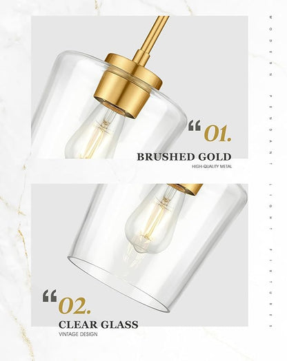 Pendant Lights Kitchen Island, 8" Brushed Gold Hanging Light Fixtures with Clear Glass Shade, Modern Kitchen Pendant Lighting Over Island for Dining Room, AD-22004-1PL-GD-C
