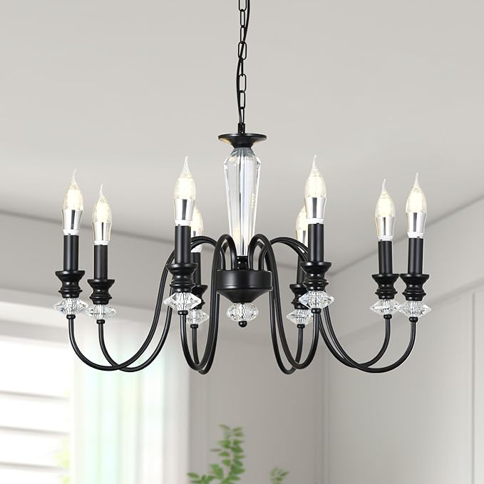 Black Chandelier, 8-Light Farmhouse Candle Chandelier for Living Room, Rustic Industrial Pendant Chandeliers for Dining Room, Vintage Crystal Hanging Light fixture for Hallway Kitchen Foyer E12
