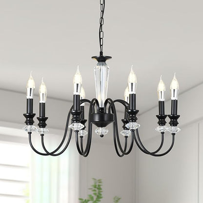 Black Chandelier, 8-Light Farmhouse Candle Chandelier for Living Room, Rustic Industrial Pendant Chandeliers for Dining Room, Vintage Crystal Hanging Light fixture for Hallway Kitchen Foyer E12