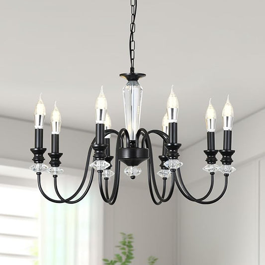 Black Chandelier, 8-Light Farmhouse Candle Chandelier for Living Room, Rustic Industrial Pendant Chandeliers for Dining Room, Vintage Crystal Hanging Light fixture for Hallway Kitchen Foyer E12