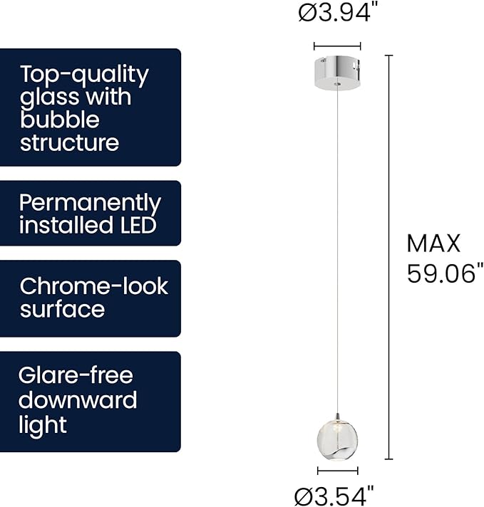 Modern Chrome Single Pendant Light with Bubble Glass, Small Globe Pendant Light 70.86" Drop, Kitchen Pendant Lighting Over Island, Bar, Entryway, Warm White 3000K, 519 lm, Ø 4.73"