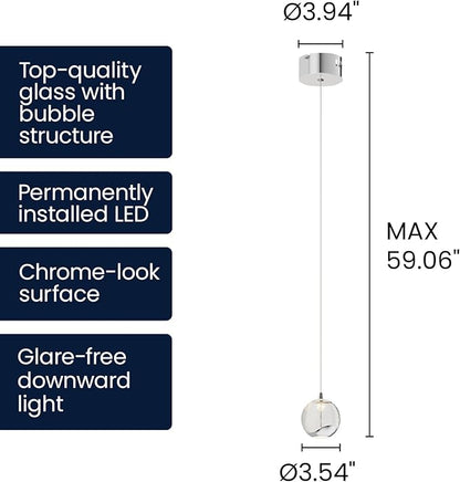 Modern Chrome Single Pendant Light with Bubble Glass, Small Globe Pendant Light 70.86" Drop, Kitchen Pendant Lighting Over Island, Bar, Entryway, Warm White 3000K, 519 lm, Ø 4.73"