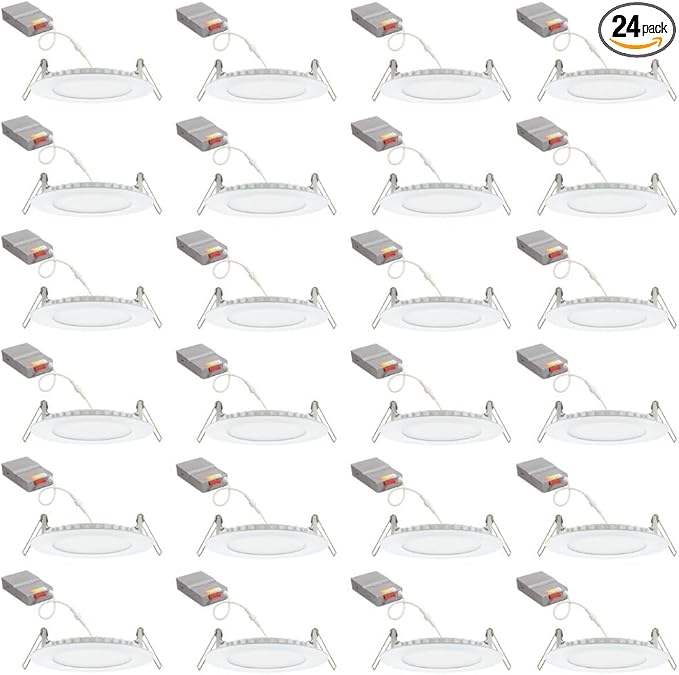 Juno LED Recessed Lights 4 Inch Round Wafer Downlight, 5-in-1 Switchable White Color Temperature, 120 Volts, 4-Inch Ultra-Thin Flat Trim, Matte White (24-Pack)