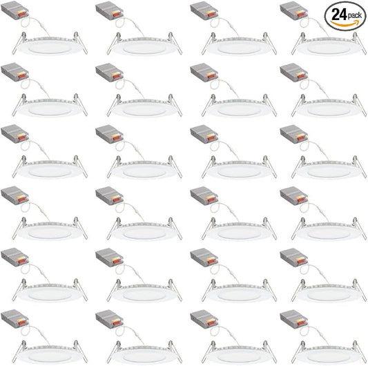 Juno LED Recessed Lights 4 Inch Round Wafer Downlight, 5-in-1 Switchable White Color Temperature, 120 Volts, 4-Inch Ultra-Thin Flat Trim, Matte White (24-Pack)