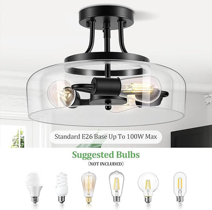Modern Industrial Semi Flush Mount Ceiling Light with Clear Glass Shade, 3-Bulb Black Ceiling Light Fixture for Kitchen Bedroom Living Room Porch Hallway Entryway, E26 Socket, Bulbs Not Included