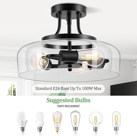 Modern Industrial Semi Flush Mount Ceiling Light with Clear Glass Shade, 3-Bulb Black Ceiling Light Fixture for Kitchen Bedroom Living Room Porch Hallway Entryway, E26 Socket, Bulbs Not Included
