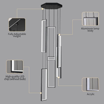 Modern Kitchen Island Dimmable Pendant Light Fixture - Black 108W LED Pendant Lights 6 Rings Rectangular Chandelier for Staircase, Large Ceiling, Lobby, Living Room, Foyer