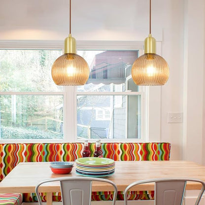 Gold Pendant Light Set Of 2, Modern Pendant Lights Kitchen Island With Amber Striped Glass, Mid Bathroom Pendant Light Adjustable Hanging Light For Dining Room Hallway, 7.8in Shade 11.8-59in Cord