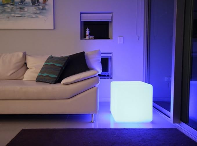 Mr.Go 14-Inch Color Changing LED Cube Light Stool, Glow Cube Seat for Kids, Modern LED Light Side Table, 16 RGB Colors Mood Lighting, Ideal for Home Garden Patio Bar Pool Party Decorative Lighting