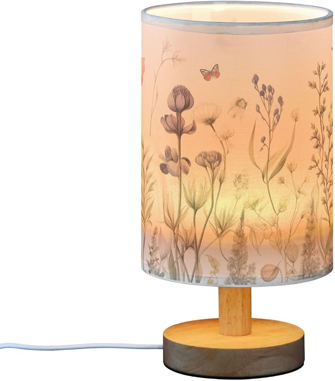 Bedside Table Lamp Retro Colorful Herbs Wild Flowers Nightstand Lamp with Wood Desk Lamps for Bedroom Living Room Nursery Office Home Decor