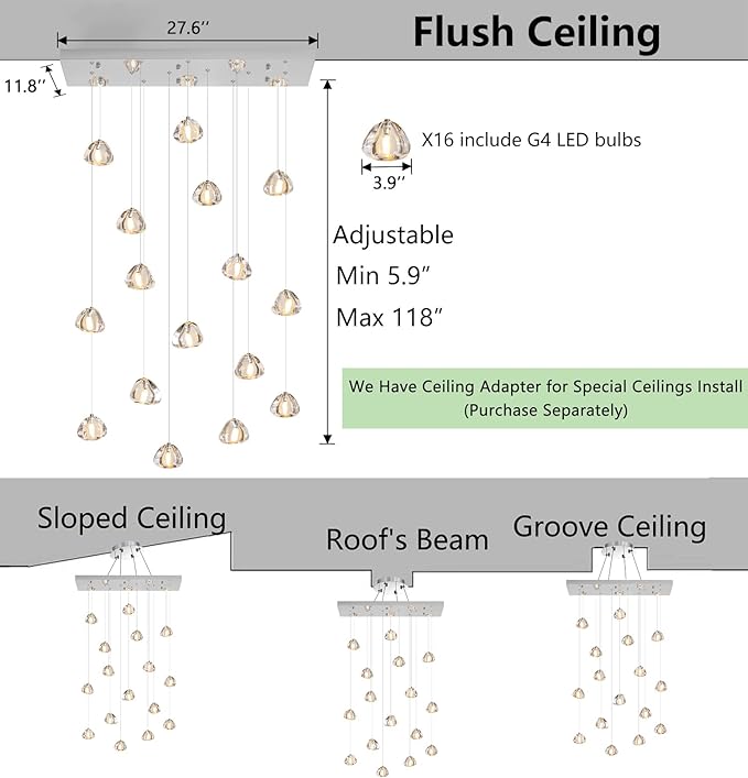 HAIXIANG Crystal Rectangular LED Chandelier for Living Dining Room Light Dimmable High Ceiling Pendant Lights Fixtures Lighting Chandeliers for Foyer Entryway Lighting Polished Chrome