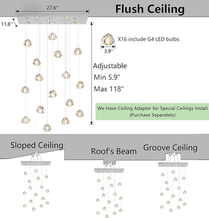 HAIXIANG Crystal Rectangular LED Chandelier for Living Dining Room Light Dimmable High Ceiling Pendant Lights Fixtures Lighting Chandeliers for Foyer Entryway Lighting Polished Chrome