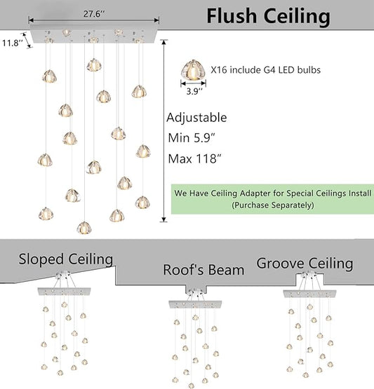 HAIXIANG Crystal Rectangular LED Chandelier for Living Dining Room Light Dimmable High Ceiling Pendant Lights Fixtures Lighting Chandeliers for Foyer Entryway Lighting Polished Chrome