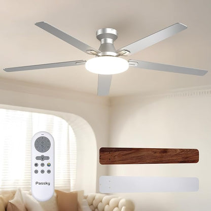 Passky Ceiling Fans with Lights, 60 inch Flush Mount Ceiling fan with Remote Control, Low Profile Ceiling Fan for Bedroom, Farmhouse, Reversible, 3CCT, Dimmable, Noiseless DC Motor, Silver