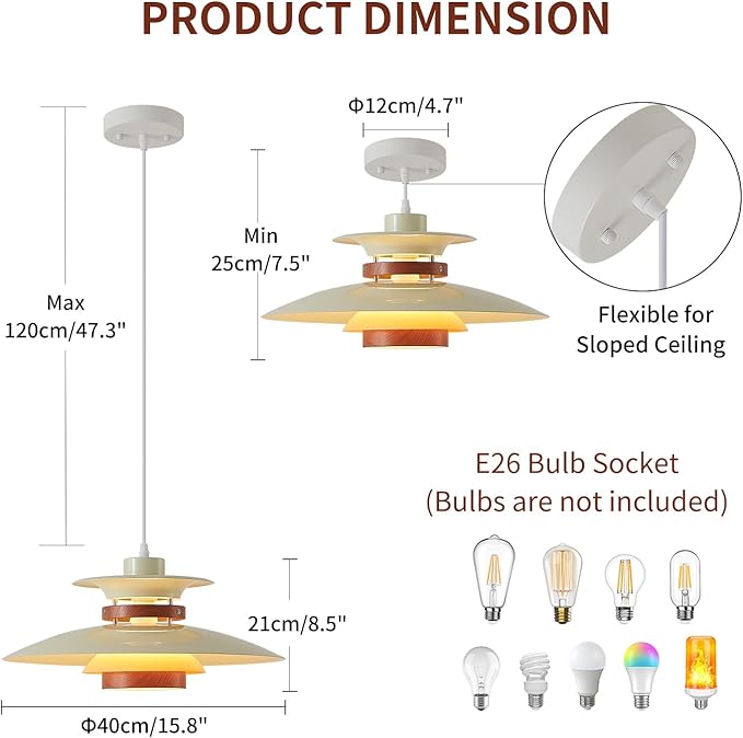 EFINEHOME Modern Decor Adjustable Pendant Lamp Kitchen Island, Aluminum and Wood Finish,1-Light E26 Base Ceiling Hanging Light for Dining Room Shop Restaurant (Beige+Dark Wood Grain, 40cm)
