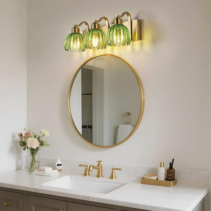 3-Light Vanity Lights with Green Tulip Glass Shade, Gold Bathroom Lighting Fixture Over Mirror, Vintage Vanity Wall Sconce Lamp for Kitchen Living Room Hallway