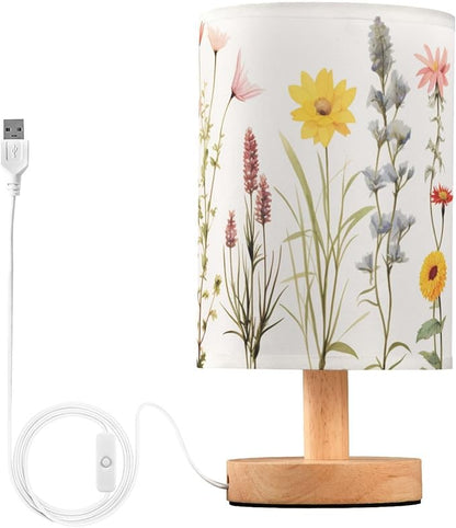Bedside Table Lamp Vintage Colorful Herbs Wild Floral Nightstand Lamp with Wood Desk Lamps for Bedroom Living Room Nursery Office Home Decor