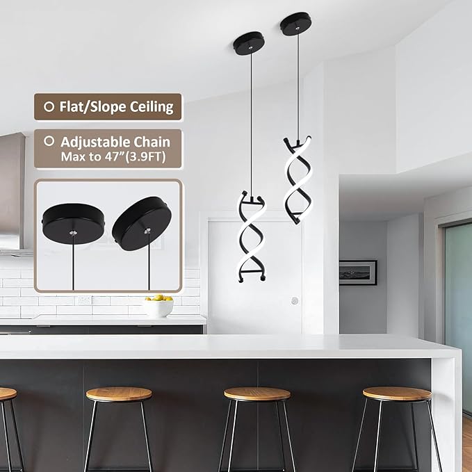CANEOE Spiral Led Pendant Light Fixture,15W 6000K Modern Integrated LED Hanging Lamp, Adjustable Height Black Kitchen Island Light Fixture for Dining Room Bedroom Kitchen Sink, 1 Pack (Black)