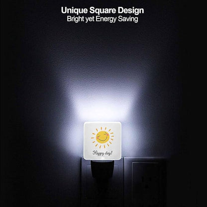 LED Night Light,Cartoon Cute Sun Icon Happy Day Word LED Night Light Plug into Wall with Dusk to Dawn Light Sensor White Energy Efficient Nightlight for Bedroom Hallway Living Room Kitchen