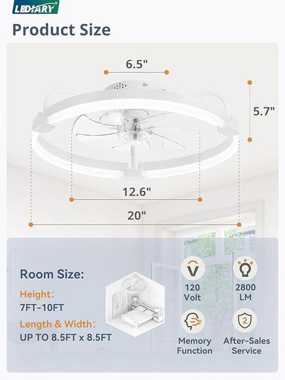 LEDIARY 2 Pack Ceiling Fans with Lights and Remote, 20'' Low Profile Ceiling Fan with Light, 3000-6000K Dimmable Fandelier LED Fan Light, 6 Wind Speeds, White Flush Mount Ceiling Fan for Bedroom