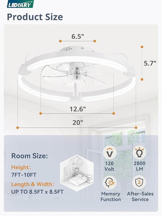 LEDIARY 2 Pack Ceiling Fans with Lights and Remote, 20'' Low Profile Ceiling Fan with Light, 3000-6000K Dimmable Fandelier LED Fan Light, 6 Wind Speeds, White Flush Mount Ceiling Fan for Bedroom