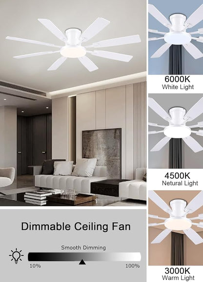 JSAITEE 60Inch Ceiling Fan with Lights and Remotes, Large Low Profile Flush Mount Ceiling Fans,DC Reversible Motor, 3CCT Dimmable,Noiseless,Dual Finish, White 6 Speeds Ceiling Fan for Indoor/Outdoor