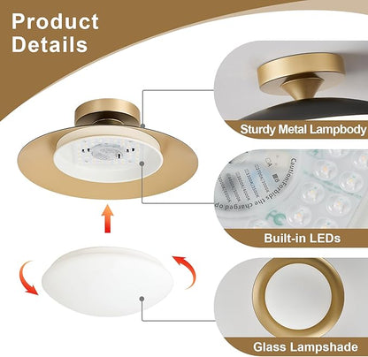 Dimmable Modern Mid-Century Ceiling Light, Black and Gold LED Semi Flush Mount Ceiling Light, 5CCT 2700K-6000K Lighting Fixture Ceiling Lamp with Glass Shade for Bedroom Hallway Kitchen, 12.6in