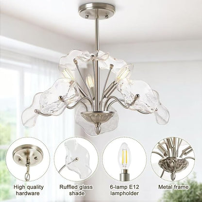 Luvkczc Modern Brushed Nickel Chandelier,Vintage Flower Glass Pendant Light Fixture,Mid Century Ceiling Light Fixture for Dining Room, Kitchen, Living Room, Bedroom Hallway Porch,3 Lights