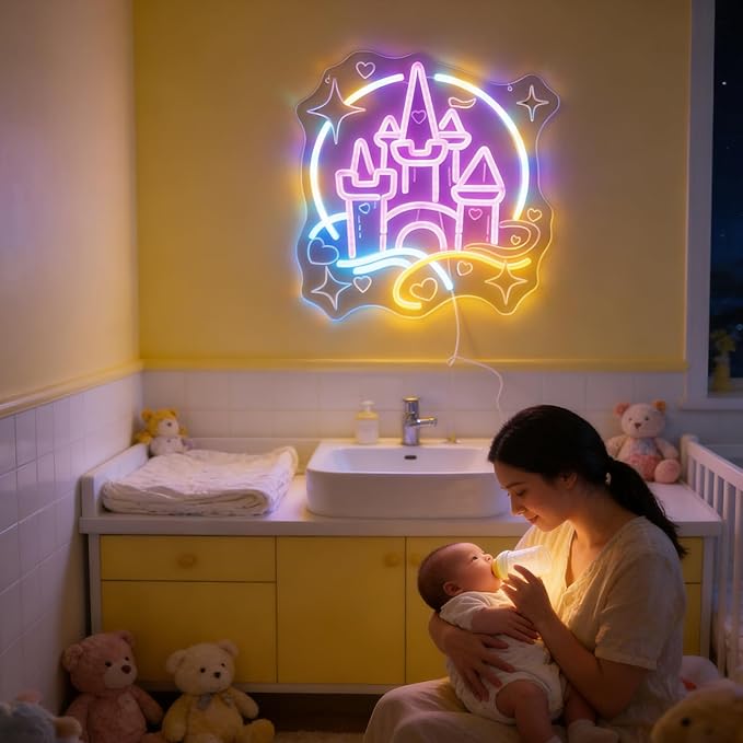 Magic Castle Fairy Tale Neon Light - Princess Pink Blue LED Wall Lamp for Girls Bedroom Decor, Dimmable USB Night Light with Hanging Kit, Enchanted Birthday Party Wall Art Gift for Kids