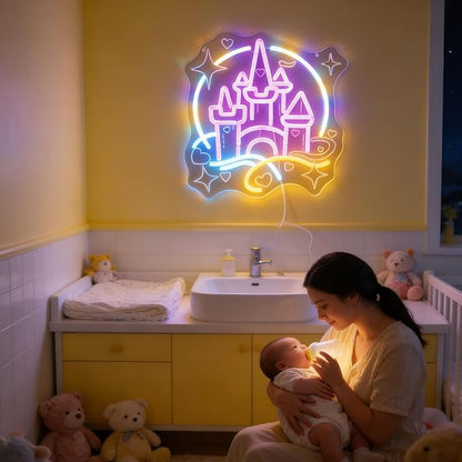 Magic Castle Fairy Tale Neon Light - Princess Pink Blue LED Wall Lamp for Girls Bedroom Decor, Dimmable USB Night Light with Hanging Kit, Enchanted Birthday Party Wall Art Gift for Kids