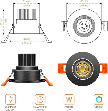 2Inch LED Recessed Ceiling Light, 3W Dimmable LED Downlight, 60 Beam Angle COB Recessed Lights with Driver, Warm White 3000K-3500K, 25W Halogen Bulbs Equivalent for Ceiling LigShting, Black 1Pack