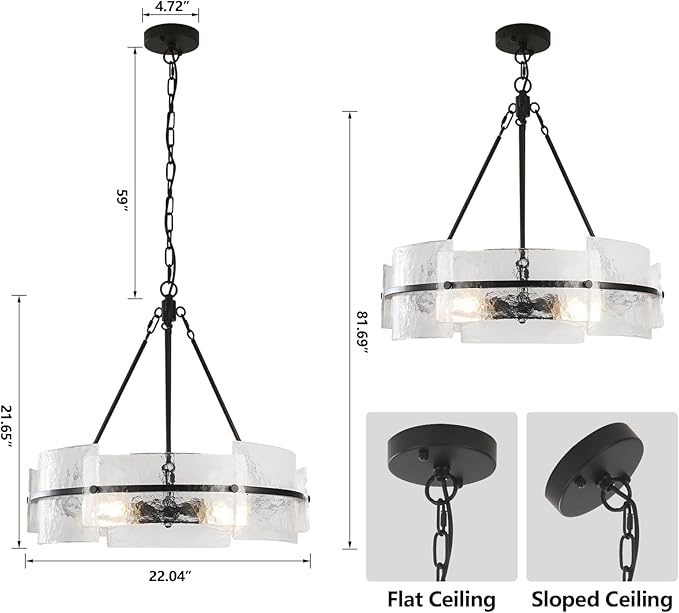 Black 22" Farmhouse Glass Chandelier - Modern Round Foyer Lighting Fixture for Dining Room, Kitchen Island, Bedroom, Living Room, Entryway