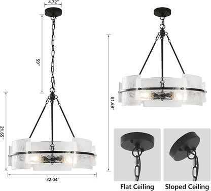 Black 22" Farmhouse Glass Chandelier - Modern Round Foyer Lighting Fixture for Dining Room, Kitchen Island, Bedroom, Living Room, Entryway